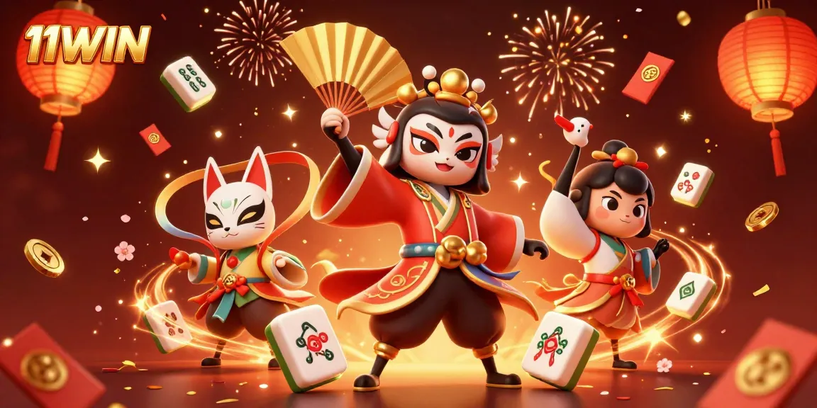 Engage with 11WIN in an exciting casino scene featuring dynamic characters, mahjong tiles, and vibrant celebrations.