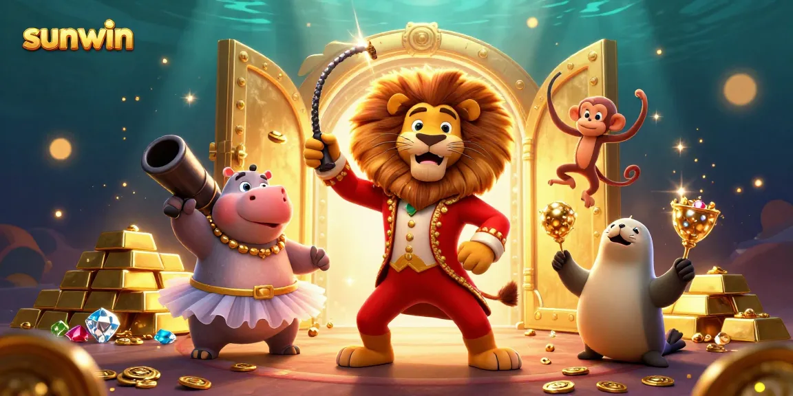 Experience the excitement of sunwin with animated casino characters surrounded by treasures and lights.