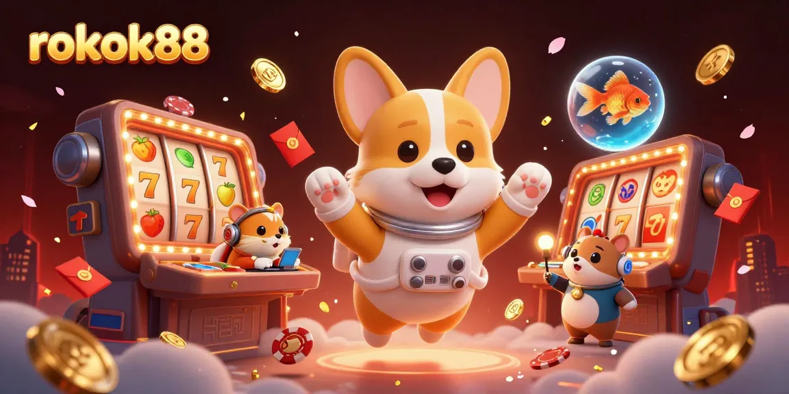 Experience rokok88's gaming excitement with a lively cartoon scene of a playful corgi in a casino!
