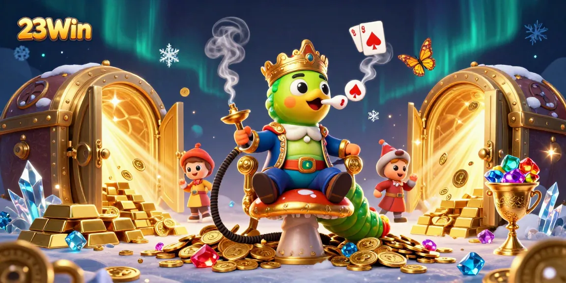 Experience the excitement of 23Win with a vibrant 3D casino illustration showcasing poker symbols and golden treasures.
