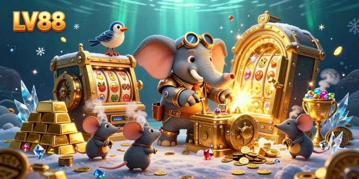 Experience the excitement of LV88's casino with a steampunk elephant winning at slots amidst treasure.
