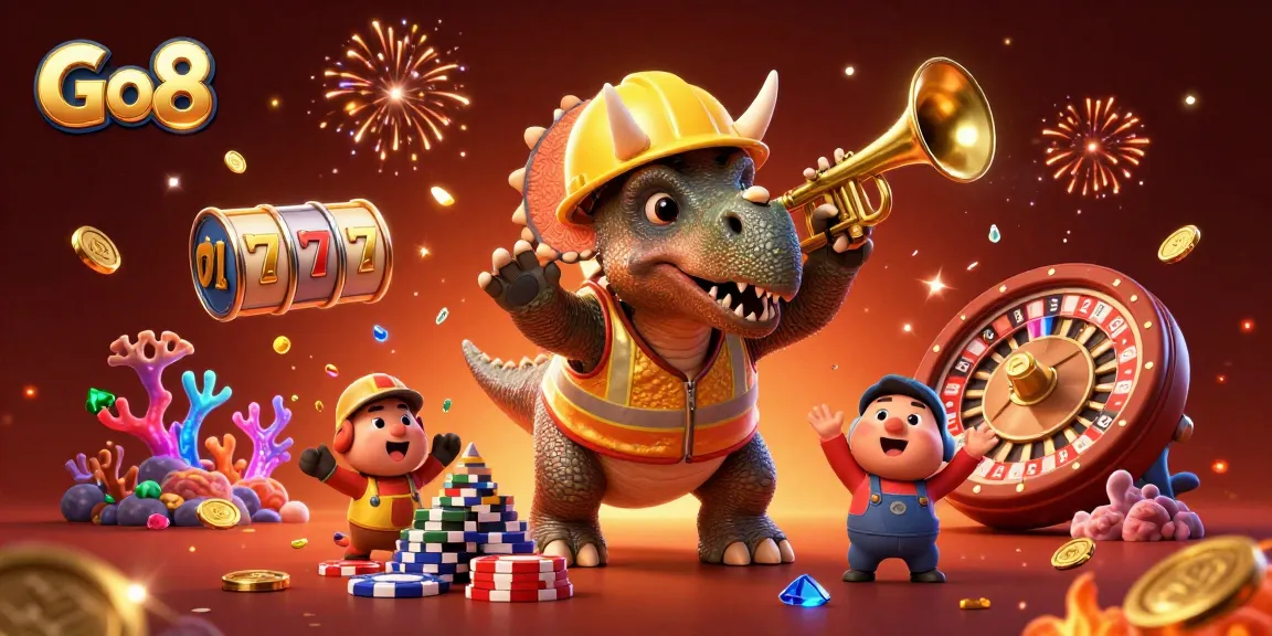 Go8 showcases gaming excitement with a triceratops and celebratory elements in a dynamic casino scene.